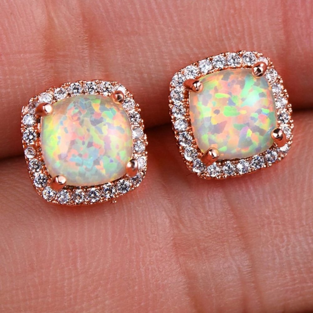 18K Rose Gold White Opal Diamond Halo Earrings - Picture 6 of 7